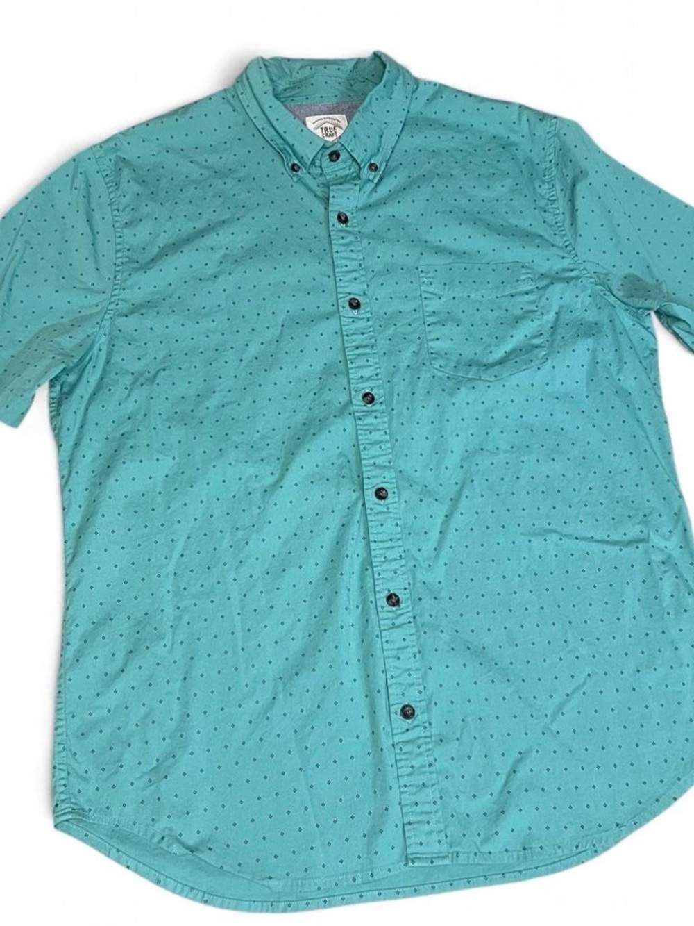 True Craft Teal Short Sleeve Button Down Shirt Men’s Medium‎ size Cotton Stretch